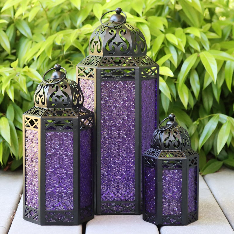 VELA LANTERNS Moroccan Candle Lanterns Decorative Set of 3 for Floor, Ramadan Decorations, Indoor Home Decor, Outdoor Patio or Porch, Halloween, Weddings, Purple - Image 1